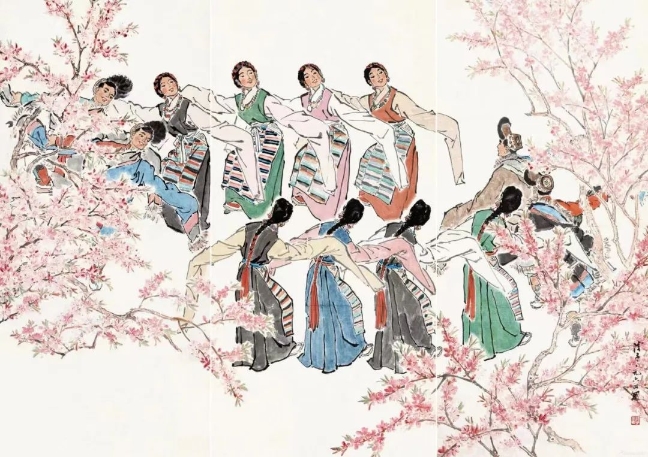 葉淺予高原之春紙本設(shè)色211cm×98cm、211cm×105cm、211cm×98cm1964年